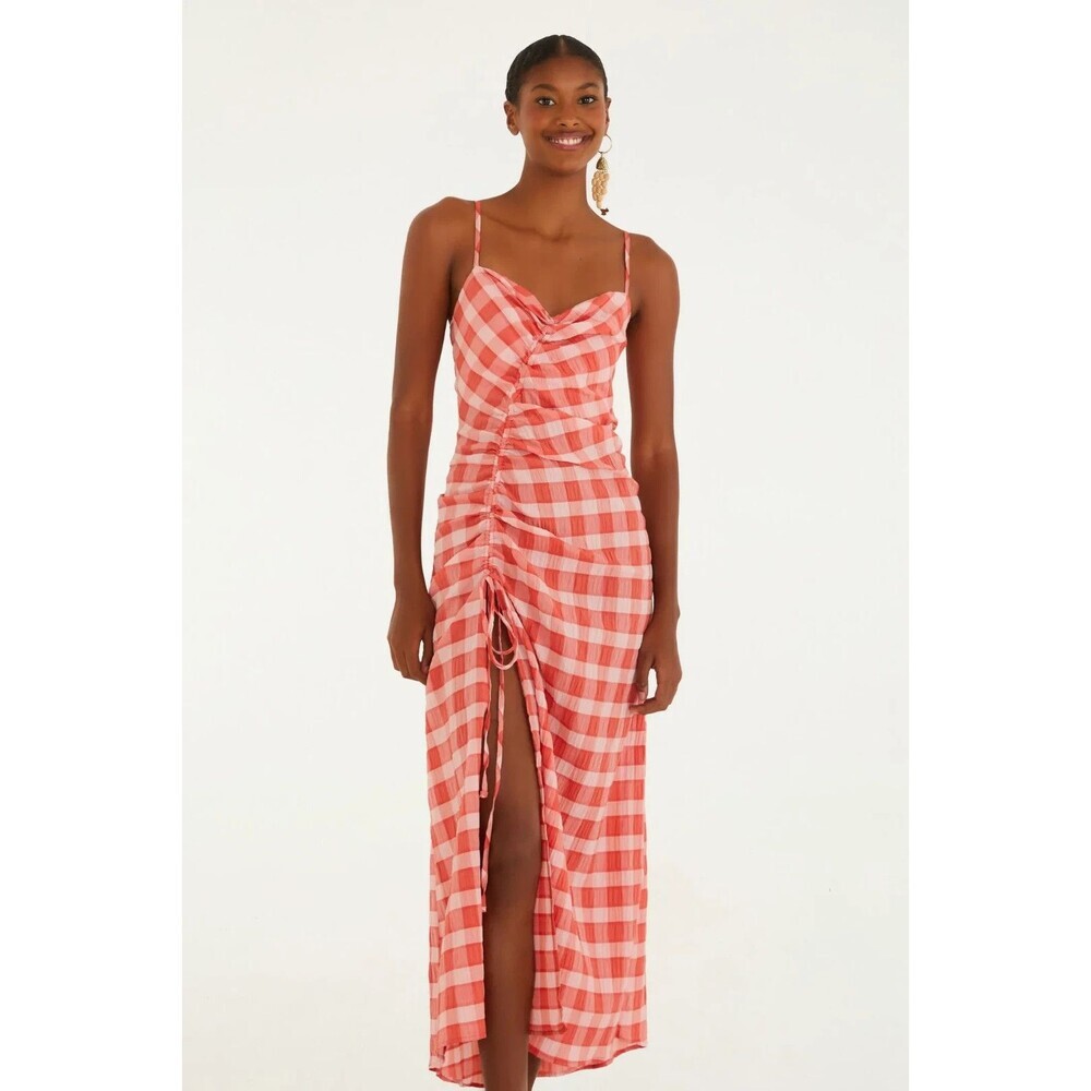 FARM RIO Trancoso Red Gingham Dress Women Medium Maxi Adjustable Cinch Party
